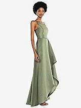 Alt View 2 Thumbnail - Sage One-Shoulder Satin Gown with Draped Front Slit and Pockets