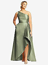 Front View Thumbnail - Sage One-Shoulder Satin Gown with Draped Front Slit and Pockets