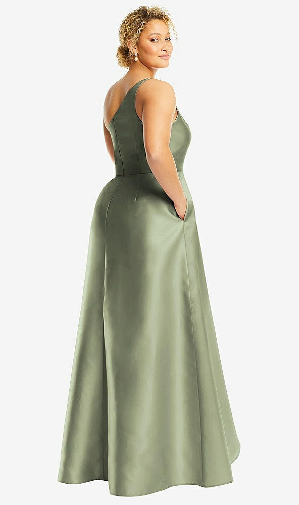 Back View - Sage One-Shoulder Satin Gown with Draped Front Slit and Pockets