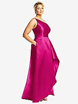 Side View Thumbnail - Think Pink One-Shoulder Satin Gown with Draped Front Slit and Pockets