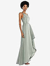 Alt View 2 Thumbnail - Willow Green One-Shoulder Satin Gown with Draped Front Slit and Pockets