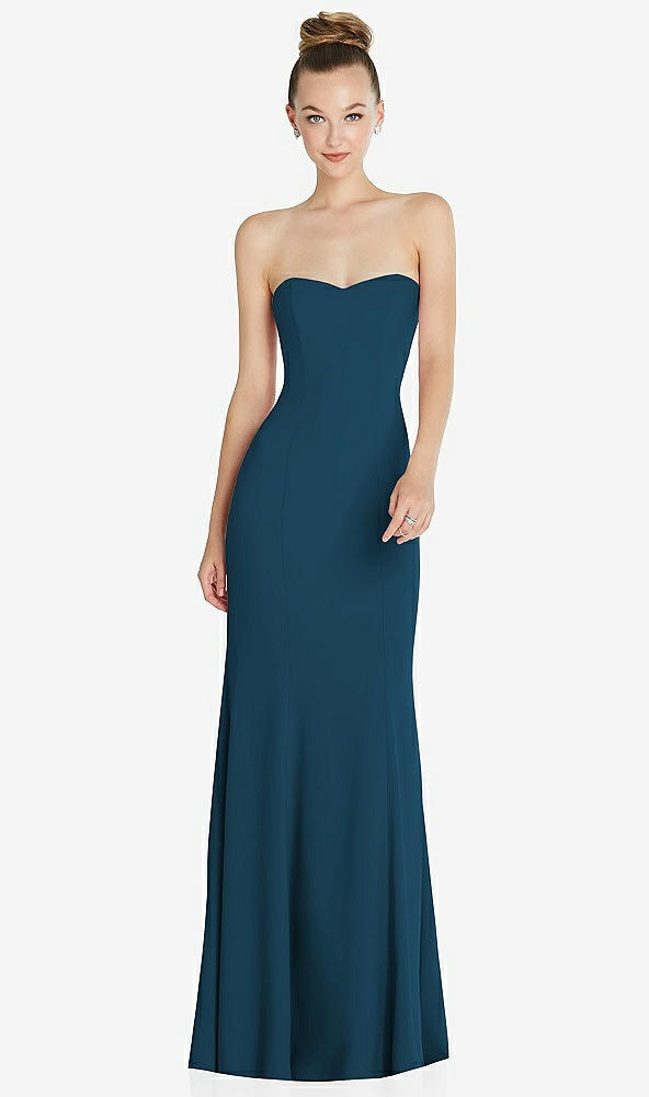 Front View - Atlantic Blue Strapless Princess Line Crepe Mermaid Gown