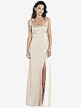 Front View Thumbnail - Oat Flat Tie-Shoulder Empire Waist Maxi Dress with Front Slit