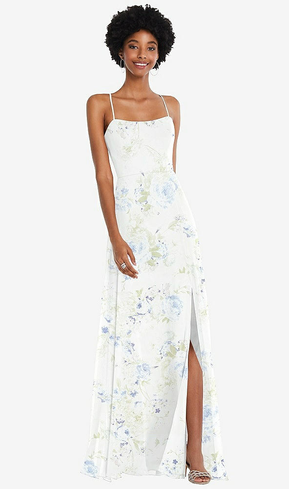 Front View - Bleu Garden Scoop Neck Convertible Tie-Strap Maxi Dress with Front Slit