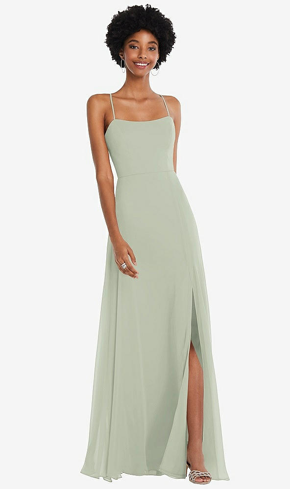 Front View - Celadon Scoop Neck Convertible Tie-Strap Maxi Dress with Front Slit