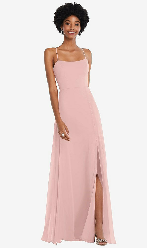 Front View - Rose - PANTONE Rose Quartz Scoop Neck Convertible Tie-Strap Maxi Dress with Front Slit