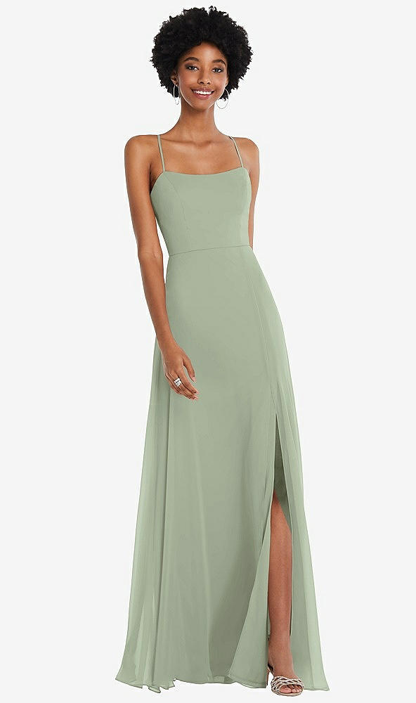 Front View - Sage Scoop Neck Convertible Tie-Strap Maxi Dress with Front Slit