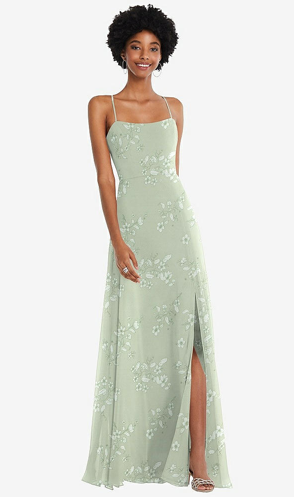 Front View - Vintage Primrose Sage Scoop Neck Convertible Tie-Strap Maxi Dress with Front Slit