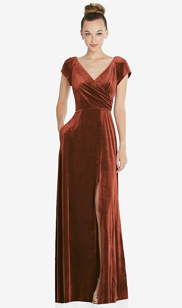 Front View - Auburn Moon Cap Sleeve Faux Wrap Velvet Maxi Dress with Pockets