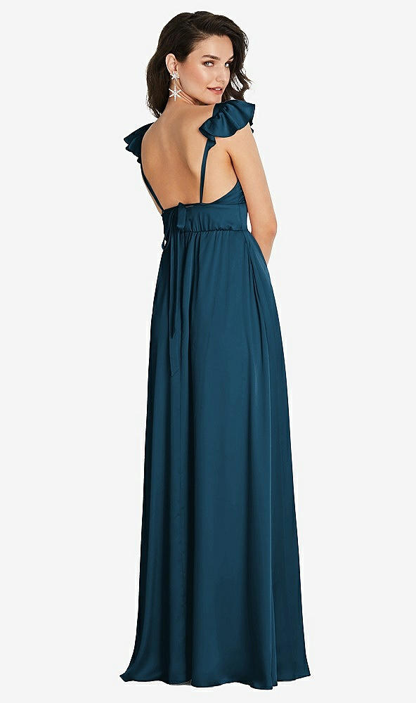 Back View - Atlantic Blue Deep V-Neck Ruffle Cap Sleeve Maxi Dress with Convertible Straps