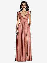 Front View Thumbnail - Desert Rose Deep V-Neck Ruffle Cap Sleeve Maxi Dress with Convertible Straps