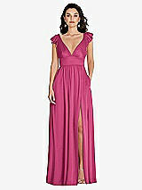 Front View Thumbnail - Tea Rose Deep V-Neck Ruffle Cap Sleeve Maxi Dress with Convertible Straps