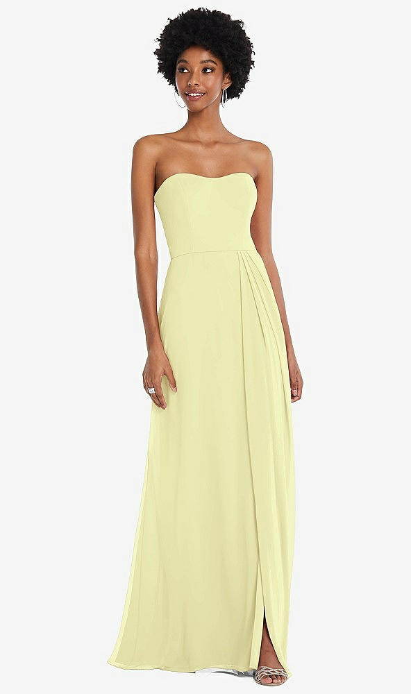 Front View - Butter Yellow Strapless Sweetheart Maxi Dress with Pleated Front Slit 