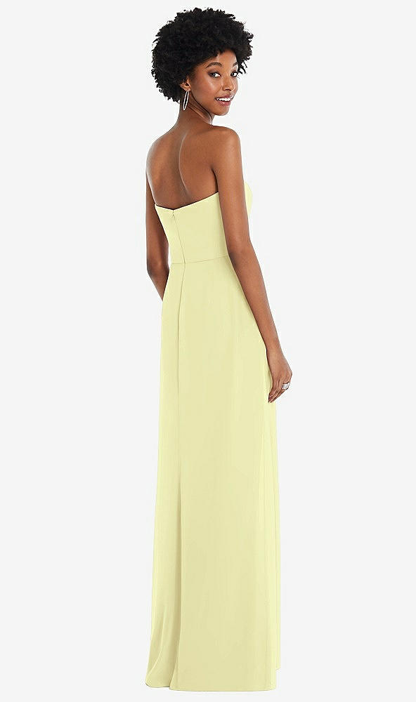 Back View - Butter Yellow Strapless Sweetheart Maxi Dress with Pleated Front Slit 