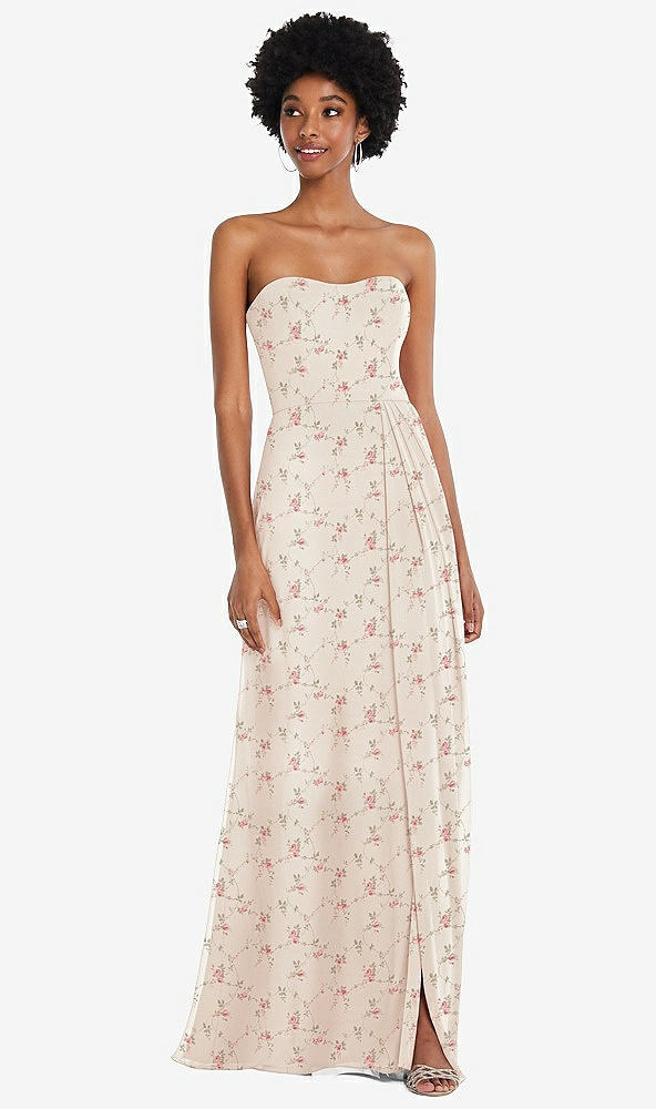 Front View - Coquette Floral Print Strapless Sweetheart Maxi Dress with Pleated Front Slit 