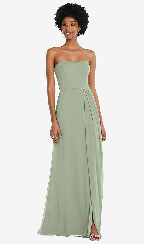 Front View - Sage Strapless Sweetheart Maxi Dress with Pleated Front Slit 