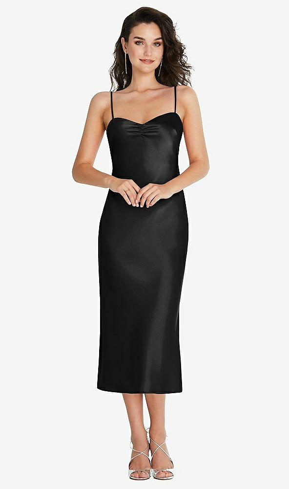 Front View - Black Open-Back Convertible Strap Midi Bias Slip Dress