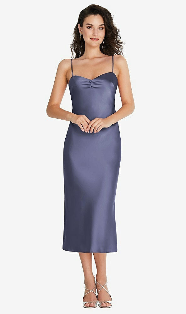 Front View - French Blue Open-Back Convertible Strap Midi Bias Slip Dress