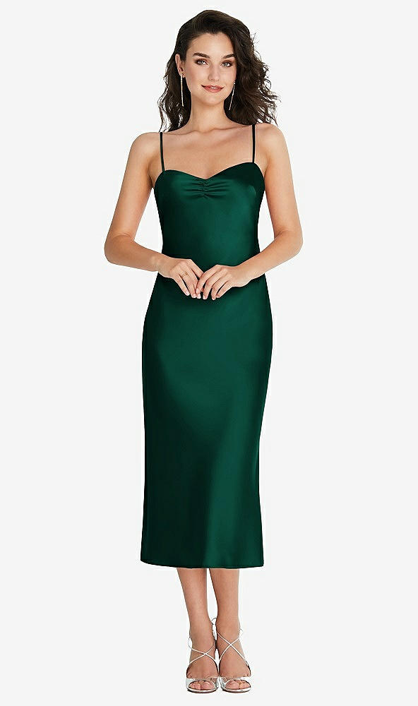 Front View - Hunter Green Open-Back Convertible Strap Midi Bias Slip Dress