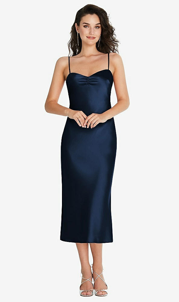 Front View - Midnight Navy Open-Back Convertible Strap Midi Bias Slip Dress