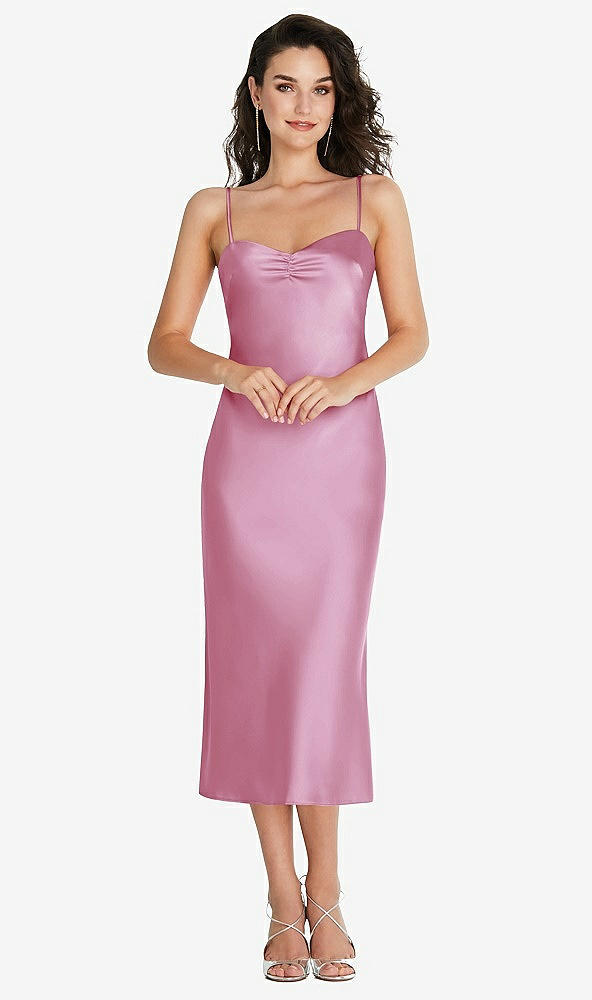 Front View - Powder Pink Open-Back Convertible Strap Midi Bias Slip Dress