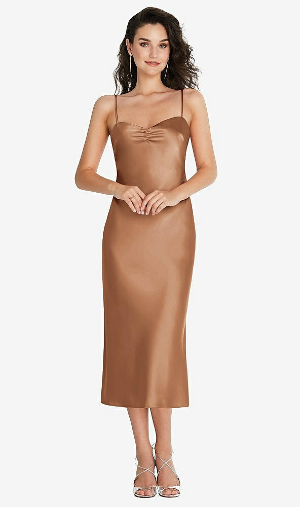 Front View - Toffee Open-Back Convertible Strap Midi Bias Slip Dress