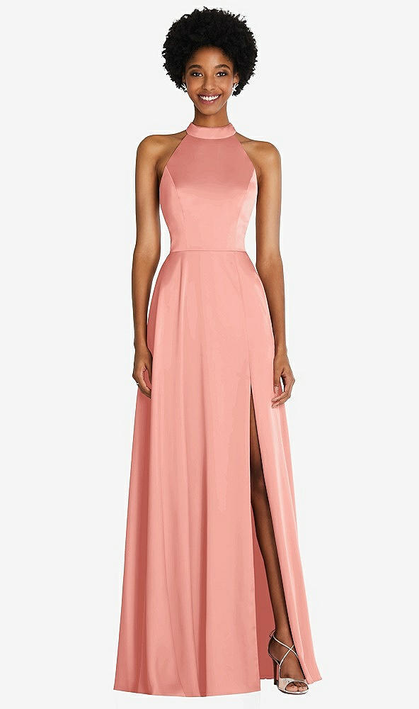 Front View - Rose - PANTONE Rose Quartz Stand Collar Cutout Tie Back Maxi Dress with Front Slit