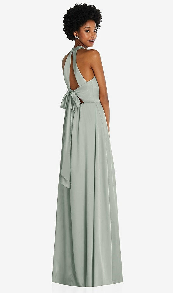 Back View - Willow Green Stand Collar Cutout Tie Back Maxi Dress with Front Slit