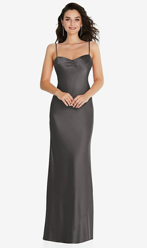 Front View - Caviar Gray Open-Back Convertible Strap Maxi Bias Slip Dress