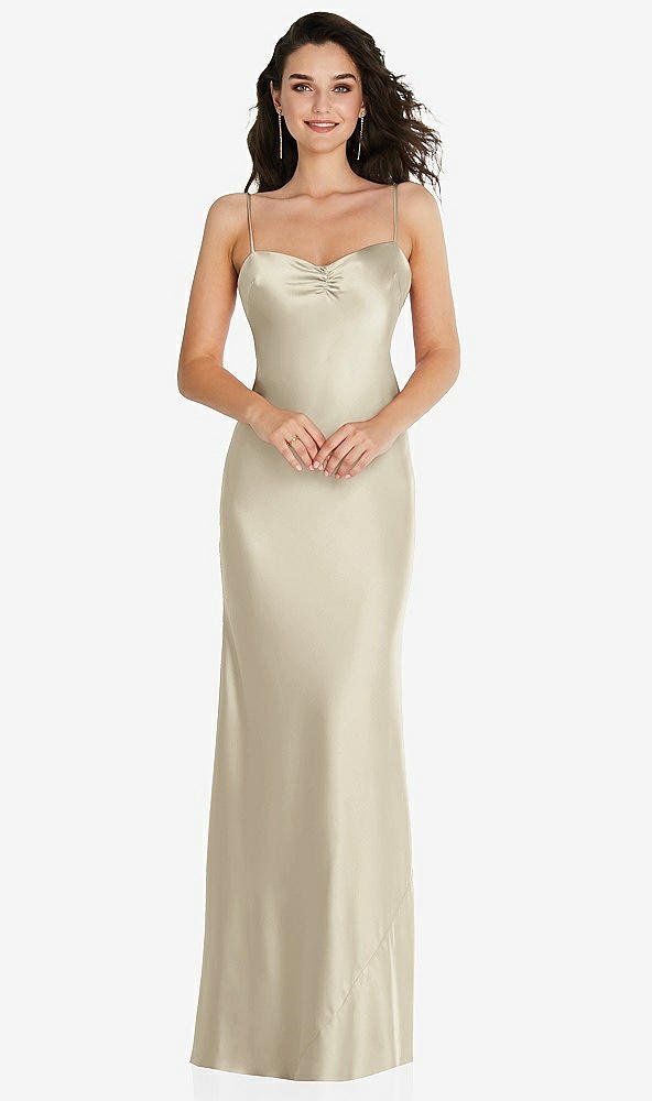 Front View - Champagne Open-Back Convertible Strap Maxi Bias Slip Dress