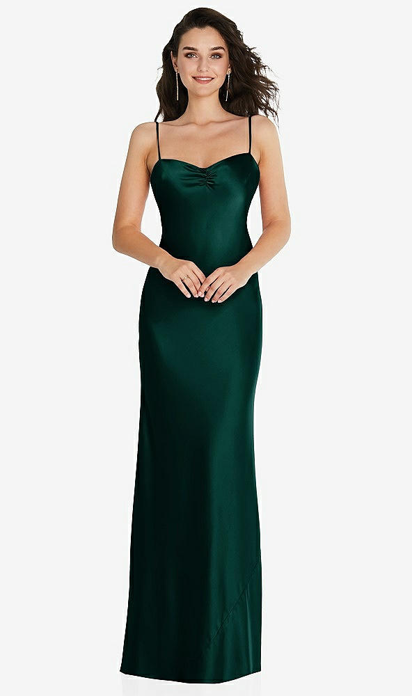 Front View - Evergreen Open-Back Convertible Strap Maxi Bias Slip Dress