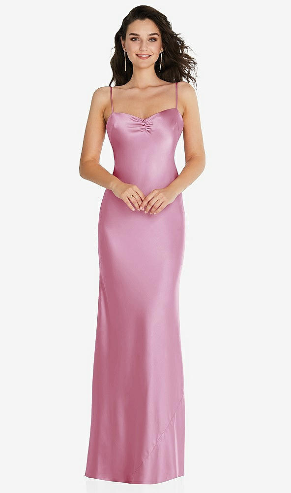 Front View - Powder Pink Open-Back Convertible Strap Maxi Bias Slip Dress