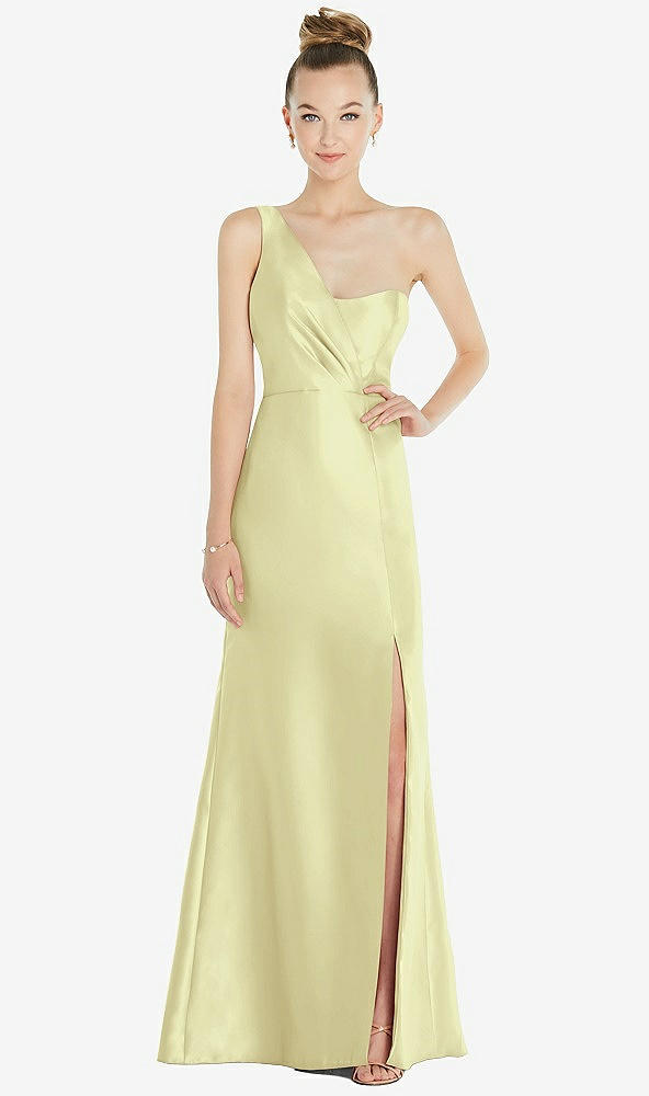 Front View - Butter Yellow Draped One-Shoulder Satin Trumpet Gown with Front Slit