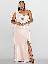 Alt View 1 Thumbnail - Blush Draped One-Shoulder Satin Trumpet Gown with Front Slit