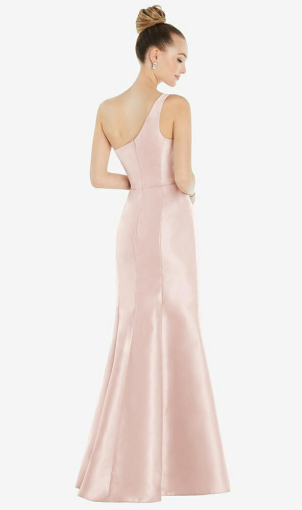 Back View - Blush Draped One-Shoulder Satin Trumpet Gown with Front Slit