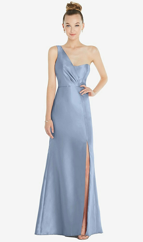 Front View - Cloudy Draped One-Shoulder Satin Trumpet Gown with Front Slit