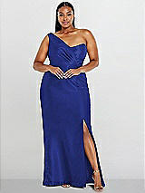 Alt View 1 Thumbnail - Cobalt Blue Draped One-Shoulder Satin Trumpet Gown with Front Slit