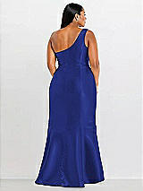 Alt View 2 Thumbnail - Cobalt Blue Draped One-Shoulder Satin Trumpet Gown with Front Slit