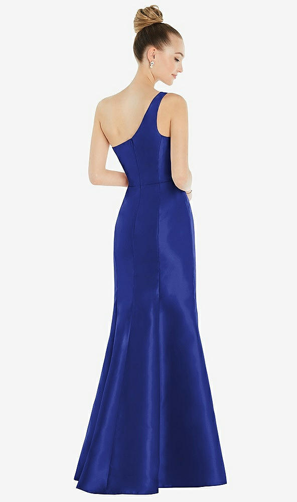 Back View - Cobalt Blue Draped One-Shoulder Satin Trumpet Gown with Front Slit