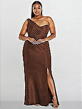 Alt View 1 Thumbnail - Cognac Draped One-Shoulder Satin Trumpet Gown with Front Slit