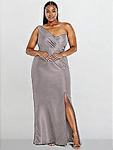 Alt View 1 Thumbnail - Cashmere Gray Draped One-Shoulder Satin Trumpet Gown with Front Slit