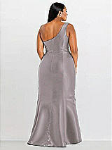 Alt View 2 Thumbnail - Cashmere Gray Draped One-Shoulder Satin Trumpet Gown with Front Slit