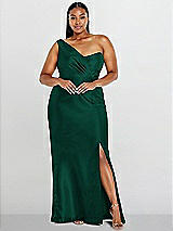 Alt View 1 Thumbnail - Hunter Green Draped One-Shoulder Satin Trumpet Gown with Front Slit