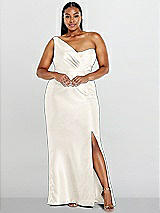 Alt View 1 Thumbnail - Ivory Draped One-Shoulder Satin Trumpet Gown with Front Slit