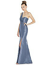 Side View Thumbnail - Larkspur Blue Draped One-Shoulder Satin Trumpet Gown with Front Slit