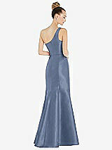 Rear View Thumbnail - Larkspur Blue Draped One-Shoulder Satin Trumpet Gown with Front Slit