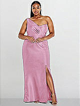 Alt View 1 Thumbnail - Powder Pink Draped One-Shoulder Satin Trumpet Gown with Front Slit