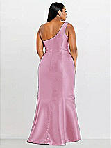 Alt View 2 Thumbnail - Powder Pink Draped One-Shoulder Satin Trumpet Gown with Front Slit