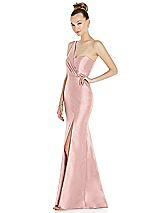 Side View Thumbnail - Rose - PANTONE Rose Quartz Draped One-Shoulder Satin Trumpet Gown with Front Slit