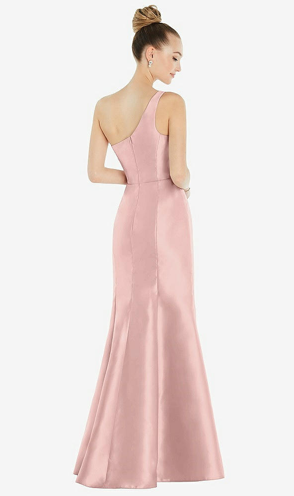 Back View - Rose - PANTONE Rose Quartz Draped One-Shoulder Satin Trumpet Gown with Front Slit